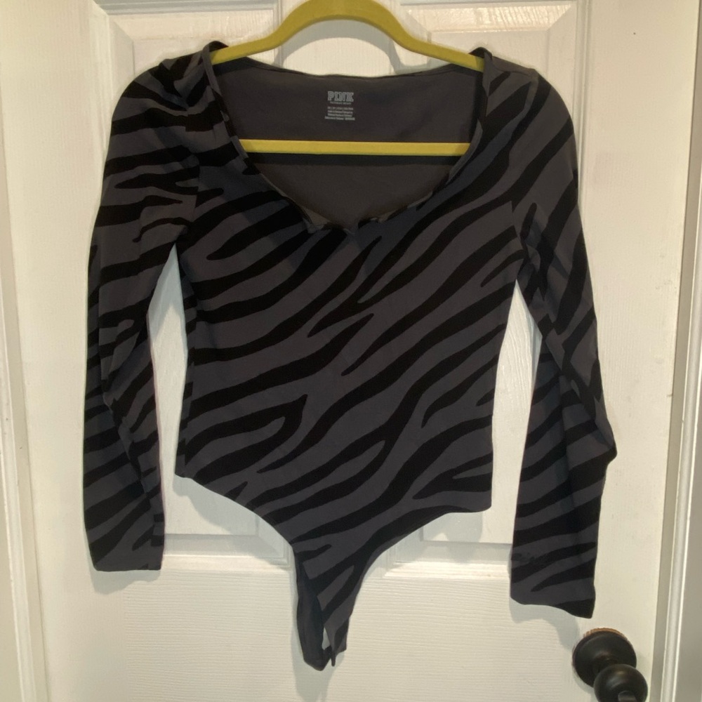 PINK Victoria's Secret Black and Gray Zebra Bodysuit